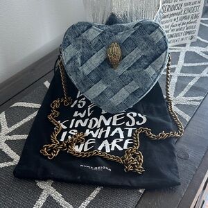 Kurt Geiger Heart-Shaped Woven Denim Crossbody Bag with Gold Chain